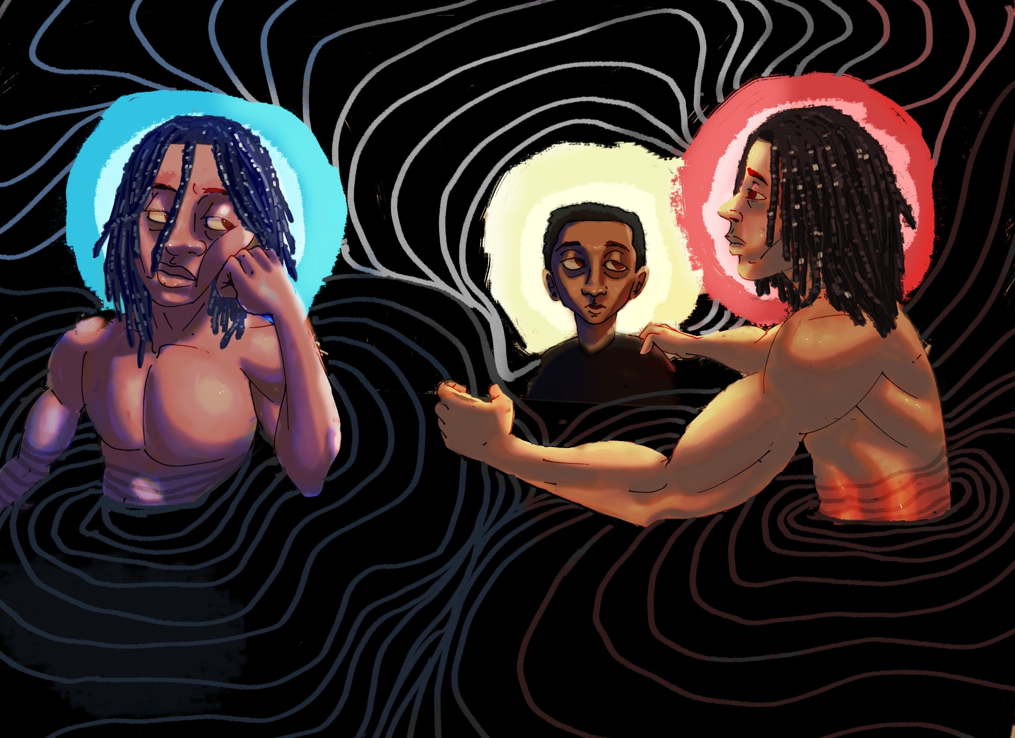 Narrative self-portrait triptych illustration